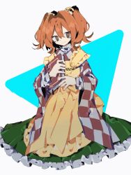 Rule 34 | 1girl, absurdres, apron, aqua background, book, checkered clothes, closed mouth, frilled skirt, frills, green skirt, hair between eyes, hair ornament, head tilt, highres, holding, holding book, japanese clothes, light smile, looking at viewer, medium hair, motoori kosuzu, orange eyes, orange hair, simple background, skirt, so happy 64, solo, touhou, white background, wide sleeves, yellow apron