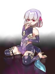 Rule 34 | 1girl, :d, armor, bare shoulders, breastplate, dagger, earrings, elbow gloves, fate/grand order, fate (series), gloves, hair ribbon, high heels, jewelry, kama (fate), kama (first ascension) (fate), knife, navel, negi (ulog&#039;be), open mouth, purple eyes, purple gloves, purple hair, purple thighhighs, ribbon, ring, see-through, short hair, sitting, smile, solo, thighhighs, wariza, weapon