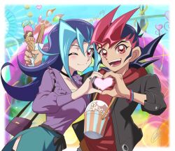 Rule 34 | 1boy, 1girl, amusement park, bag, black jacket, blue hair, casual, chaya mago, commission, dating, dyed bangs, flipped hair, food, green skirt, handbag, heart, heart-shaped pupils, heart hands, heart hands duo, holding, holding food, holding ice cream, hood, hoodie, ice cream, jacket, jewelry, kamishiro rio, long sleeves, looking at viewer, multicolored hair, open clothes, open jacket, open mouth, outdoors, pink eyes, popcorn, puffy long sleeves, puffy sleeves, red eyes, red hair, red hoodie, ring, skeb commission, skirt, smile, spiked hair, symbol-shaped pupils, teeth, tsukumo yuuma, two-tone hair, yu-gi-oh!, yu-gi-oh! zexal