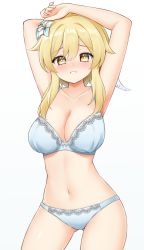 Rule 34 | 1girl, armpits, arms up, bare arms, blonde hair, bra, breasts, cleavage, commentary request, cowboy shot, flower, genshin impact, gluteal fold, grin, hair between eyes, hair flower, hair ornament, highres, large breasts, looking at viewer, lumine (genshin impact), panties, short hair with long locks, simple background, smile, solo, standing, suwa yasai, thighs, underwear, underwear only, white background, white bra, white flower, white panties, yellow eyes
