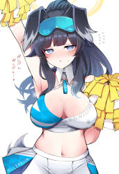 Rule 34 | 10eki (tenchou), 1girl, :o, absurdres, animal ears, arm up, armpits, black hair, blue archive, blush, breasts, breasts apart, dog ears, dog tail, flying sweatdrops, goggles, goggles on head, halo, hibiki (blue archive), hibiki (cheer squad) (blue archive), highres, large breasts, looking at viewer, millennium cheerleader outfit (blue archive), navel, outstretched arm, pleated skirt, pom pom (cheerleading), ponytail, simple background, skirt, solo, star sticker, steaming body, sticker on face, sweatdrop, tail, white background