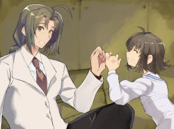 Rule 34 | 1boy, 1girl, age difference, ahoge, anju (utawarerumono), aquaplus, brown eyes, brown hair, closed eyes, coat, collared shirt, eyes visible through hair, family, fingers together, from side, gradient eyes, grin, hair between eyes, haku (utawarerumono), height difference, highres, indoors, long hair, long sleeves, looking at viewer, micon hnhn, multicolored eyes, pants, pinky swear, scientist, shirt, short hair, sidelocks, sitting, smile, teeth, uncle and niece, utawarerumono, utawarerumono: itsuwari no kamen, variations