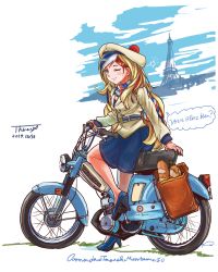 Rule 34 | 1girl, anchor hair ornament, bag, baguette, beret, blonde hair, blue hair, bread, buttons, commandant teste (kancolle), dated, double-breasted, eiffel tower, food, french text, full body, hair ornament, hat, highres, kantai collection, long hair, motor vehicle, motorcycle, multicolored clothes, multicolored hair, multicolored scarf, one eye closed, plaid, plaid scarf, pom pom (clothes), red hair, scarf, signature, solo, streaked hair, swept bangs, thrux, wavy hair, white hair
