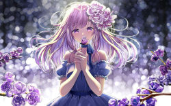 Rule 34 | 1girl, blue choker, blue dress, blue sleeves, blurry, blurry background, blush, breasts, choker, collarbone, commentary request, covered mouth, depth of field, detached sleeves, dress, fingernails, flower, flower over mouth, hair flower, hair ornament, holding, holding flower, long hair, looking at viewer, nail polish, original, pink nails, puffy short sleeves, puffy sleeves, purple eyes, purple flower, purple hair, purple rose, rose, short sleeves, small breasts, solo, strapless, strapless dress, upper body, yuuka nonoko