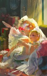 Rule 34 | 1girl, absurdres, blurry, bob cut, book, bouquet, box, breasts, bridal veil, bride, choker, curtains, dress, elbow gloves, flower, foot up, frilled choker, frills, full body, gift, gift box, gloves, hair slicked back, hairband, high heels, highres, hugging own legs, indoors, knees to chest, light particles, looking at viewer, looking back, medium breasts, meitantei conan, mirror, miujiii, multiple straps, on bed, pillow, plantar flexion, reclining, shoes, short hair, single shoe, soles, solo, strap slip, sunlight, suzuki sonoko, veil, wedding dress, white dress, white footwear, white gloves