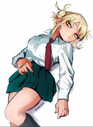 Rule 34 | 1girl, artist name, bad id, bad twitter id, blonde hair, blunt bangs, boku no hero academia, commentary, double bun, green skirt, hair bun, highres, lying, messy hair, necktie, on back, pleated skirt, red necktie, school uniform, sharl0ck, shirt, simple background, skirt, symbol-only commentary, thighs, toga himiko, u.a. school uniform, white background, white shirt, yellow eyes