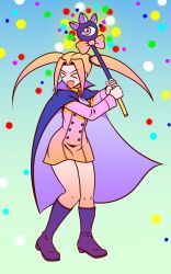Rule 34 | 1girl, boots, buttons, cape, dress, highres, kati (akatsuki en-eins), mace, namelessl, ponytail, side ponytail, smile, spiked mace, spikes, wand, weapon