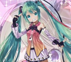 Rule 34 | 1girl, aqua eyes, aqua hair, detached sleeves, freely tomorrow (vocaloid), happy, hatsune miku, highres, long hair, looking at viewer, masatakaman55go, nail polish, navel, project diva (series), project diva f, skirt, smile, solo, star voice (module), twintails, very long hair, vocaloid, white skirt