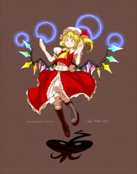 Rule 34 | 1girl, adapted costume, ascot, belt, blonde hair, bloomers, character name, cross-laced footwear, crystal, female focus, flandre scarlet, hat, hat ribbon, highres, laevatein, open mouth, oso (toolate), puffy sleeves, red eyes, ribbon, short sleeves, solo, touhou, underwear, weapon, wide-eyed, wings