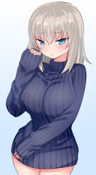 Rule 34 | 10s, 1girl, blue background, blue eyes, blue sweater, blush, breasts, closed mouth, commentary, cowboy shot, embarrassed, frown, girls und panzer, gradient background, half-closed eyes, itsumi erika, kemu (guruguru dan), large breasts, long hair, long sleeves, looking at viewer, no pants, ribbed sweater, silver hair, solo, standing, sweater
