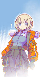 Rule 34 | 1girl, ?, absurdres, adapted costume, animification, apex legends, black gloves, black pants, blonde hair, blue background, blue eyes, blue shirt, breasts, gloves, hair behind ear, highres, hood, hooded jacket, jacket, looking at viewer, medium breasts, pants, pouch, shirt, shirt tucked in, short hair, shrug (clothing), thigh pouch, ueda (ueda8039), wattson (apex legends)