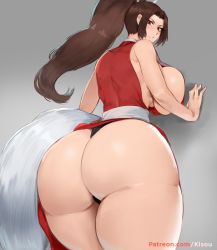 Rule 34 | 1girl, against wall, artist name, ass, ass focus, bare arms, bare shoulders, black panties, blush, breast press, breasts, brown eyes, brown hair, fatal fury, female focus, forehead, from behind, grey background, hair ornament, hand on wall, high ponytail, huge ass, kisou (kisou00), large breasts, long hair, looking at viewer, looking back, ninja, no bra, no pants, panties, parted bangs, parted lips, patreon username, ponytail, shiny skin, shiranui mai, sideboob, sideless outfit, simple background, solo, teeth, the king of fighters, thick thighs, thighs, thong, underwear