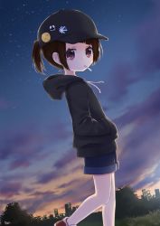 Rule 34 | 1girl, artist name, bad id, bad pixiv id, baseball cap, black hat, black hoodie, blue shorts, brown hair, candy, city, cloud, cloudy sky, commentary request, drawstring, food, food on face, from side, hands in pockets, hat, high ponytail, hood, hood down, hoodie, lollipop, looking away, mouth hold, night, night sky, original, outdoors, ponytail, red eyes, red footwear, reo (re2kn), shoes, short ponytail, short shorts, shorts, sidelocks, sky, sneakers, solo, star (sky), starry sky, walking