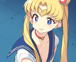 Rule 34 | bad id, bad twitter id, bishoujo senshi sailor moon, bishoujo senshi sailor moon s, blue sailor collar, bow, bowtie, breasts, choker, circlet, cleavage, cloba, crescent, crescent earrings, derivative work, earrings, from above, heart, heart choker, highres, jewelry, meme, parted bangs, red bow, red bowtie, red choker, sailor collar, sailor moon, sailor moon redraw challenge (meme), sailor senshi uniform, screenshot redraw, solo, tsukino usagi, upper body