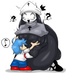 Rule 34 | 1boy, 1girl, ?, blue hair, blush, boyfriend (friday night funkin&#039;), grabbing another&#039;s breast, breasts, enigi09, friday night funkin&#039;, grabbing, hat, heart, highres, huge breasts, looking at viewer, nun, open mouth, ponytail, short hair, size difference, speech bubble, surprised, taki (friday night funkin&#039;)