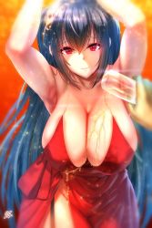 Rule 34 | 1boy, 1girl, ahoge, alcohol, armpits, arms up, azur lane, bare shoulders, black hair, blurry, blurry background, blush, breasts, champagne flute, choker, cleavage, collarbone, cup, dress, drinking glass, garter straps, gold trim, groin, hair between eyes, hair ornament, highres, holding, holding cup, huge breasts, k.ty (amejin), large breasts, leaning forward, light particles, long hair, looking at viewer, official alternate costume, one side up, parted lips, pouring, pouring onto self, red dress, red eyes, sidelocks, signature, smile, taihou (azur lane), taihou (forbidden feast) (azur lane), thighs, very long hair