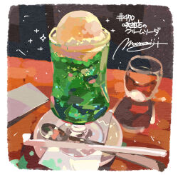 Rule 34 | commentary request, cup, drink, drinking glass, food, food focus, highres, ice cream, ice cream float, melon soda, momiji mao, napkin, no humans, original, plate, spoon, table