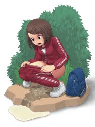 Rule 34 | 1girl, artist name, bag, black hair, blush, bookbag, breasts, brown hair, bush, clothes pull, female focus, flat chest, full body, grass, grey eyes, gym uniform, hair ornament, hairclip, jacket, long sleeves, looking down, nose blush, open mouth, original, outdoors, panties, pants, pants pull, panty pull, peeing, puddle, red jacket, red pants, school uniform, shirt, shoes, short hair, signature, simple background, small breasts, socks, solo, sportswear, squatting, sweat, sweatdrop, swept bangs, teeth, track jacket, track pants, underwear, white background, white footwear, white panties, white shirt, white socks, yzk, zipper, zipper pull tab
