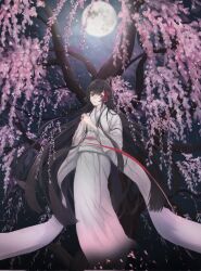 Rule 34 | 1girl, black hair, cherry blossoms, chinese knot, citrus7763, flower, full moon, hair between eyes, highres, japanese clothes, jewelry, kimono, long hair, long sleeves, moon, night, obi, original, outdoors, red eyes, red ribbon, ribbon, ring, sash, sidelocks, solo, tree, very long hair, white kimono, wide sleeves