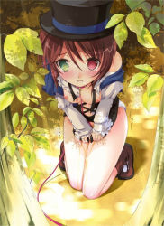 Rule 34 | 00s, 1girl, androgynous, blush, breasts, brown hair, collar, garden, hat, heterochromia, leash, nipples, pee, peeing, reverse trap, rozen maiden, slave, solo, souseiseki, tears, top hat, torn clothes