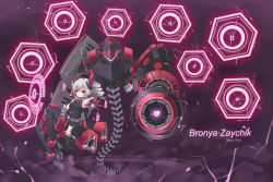 Rule 34 | 1girl, absurdres, aiming, aiming at viewer, bare shoulders, black leotard, black thighhighs, bronya zaychik, bronya zaychik (black nucleus), cannon, character name, drill hair, full body, headgear, hexagon, highres, honkai (series), honkai impact 3rd, leotard, long hair, mecha, neps-l, outstretched arm, red eyes, robot, silver hair, sitting, solo, thighhighs, twin drills
