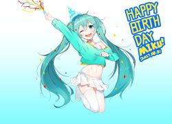 Rule 34 | 1girl, absurdres, aqua background, aqua eyes, aqua hair, aqua sweater, asymmetrical legwear, character name, confetti, dated, gradient background, hair between eyes, happy birthday, hat, hatsune miku, highres, hip focus, long hair, looking at viewer, midriff, mismatched legwear, navel, off-shoulder, off-shoulder sweater, off shoulder, one eye closed, open mouth, party hat, party popper, pleated skirt, see-through, skirt, smile, solo, sweater, tareme, the cold, thighhighs, thighs, twintails, very long hair, vocaloid, white skirt, white thighhighs