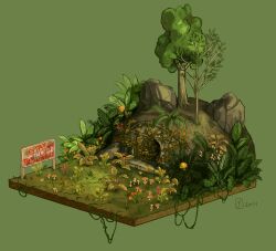 Rule 34 | 2014, dated, english text, entrance, fallout (series), fallout: new vegas, graffiti, grass, green background, hill, isometric, mayoryashy, mushroom, nature, no humans, plant, rock, scenery, sign, simple background, tree, vines