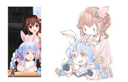 Rule 34 | 2girls, :d, animal ear fluff, animal ears, biting, black gloves, blue hair, bow, braid, brown hair, carrot hair ornament, commentary, don-chan (usada pekora), ds (ndsl), ear biting, food-themed hair ornament, gloves, hair bow, hair ornament, hand on another&#039;s shoulder, hololive, long hair, minecraft, multicolored hair, multiple girls, open mouth, photo-referenced, photo inset, pink shirt, rabbit ears, red eyes, reference inset, shirt, side ponytail, simple background, smile, streaked hair, sweatdrop, symbol-only commentary, thick eyebrows, tokino sora, tokino sora (casual), twin braids, two-tone hair, usada pekora, usada pekora (1st costume), virtual youtuber, white background, white hair, | |, || ||