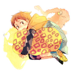Rule 34 | 10s, 1boy, brown eyes, brown hair, bug, butterfly, embarrassed, floating, full body, highres, hugging object, insect, jacket, king (nanatsu no taizai), looking at viewer, male focus, nanatsu no taizai, pillow, pillow hug, shoes, short hair, simple background, solo, sundaypeople9, white background