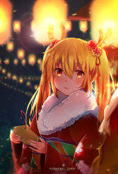 Rule 34 | 10s, 2girls, :3, blonde hair, blurry, depth of field, dragon girl, dragon horns, fur collar, hair ornament, highres, holding, horns, japanese clothes, kimono, kobayashi-san chi no maidragon, kobayashi (maidragon), lampion, long hair, looking at viewer, milktower, multiple girls, orange eyes, out of frame, slit pupils, tohru (maidragon), twintails
