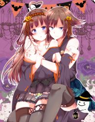 Rule 34 | 2girls, ahoge, alternate headwear, bad id, bad pixiv id, bare shoulders, blue eyes, blue skirt, blunt bangs, blush, breasts, brown hair, chandelier, cleavage, closed mouth, collarbone, cowboy shot, detached sleeves, flipped hair, flower, food, ghost, grey skirt, hair ribbon, hairband, halloween, hand on breast, heart, heart ahoge, hiei (kancolle), holding, jewelry, kantai collection, kongou (kancolle), large breasts, locked arms, long hair, long sleeves, looking at viewer, multiple girls, nontraditional miko, outline, parted lips, plaid, plaid skirt, pleated skirt, ribbon, ribbon-trimmed sleeves, ribbon trim, ring, sakura romu, sash, short hair, sidelocks, skirt, smile, sweets, swept bangs, thighhighs, thighs, twitter username, white outline, yuri