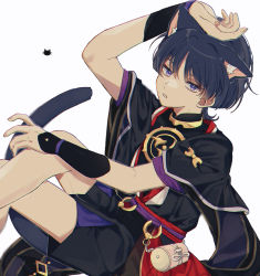 Rule 34 | 1boy, animal ear fluff, animal ears, arm up, armor, black shirt, black shorts, blunt ends, cat boy, cat ears, cat tail, commentary, eyeshadow, genshin impact, japanese armor, japanese clothes, kemonomimi mode, kote, kurokote, looking at viewer, makeup, male focus, nekoshin kagari, open mouth, parted bangs, purple eyes, purple hair, red eyeshadow, red scarf, rope, scaramouche (genshin impact), scarf, shirt, short hair, short shorts, shorts, solo, tail, white background, wrist guards