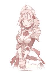 Rule 34 | 1girl, apron, armor, armored dress, blush, boobplate, braid, braided bangs, breastplate, breasts, cleavage, combat maid, dress, flower, gauntlets, genshin impact, hair flower, hair ornament, highres, leartni, leggings, looking at viewer, maid, maid apron, maid headdress, medium breasts, monochrome, noelle (genshin impact), open mouth, pauldrons, rose, short hair, shoulder armor, simple background, solo, upper body, v arms, white background