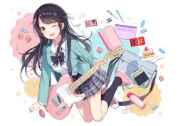 Rule 34 | 1girl, :d, absurdres, amplifier, black bow, black bowtie, black hair, blazer, blush, bottle, bow, bowtie, breasts, cake, candy, cellphone, commentary, converse, electric guitar, eraser, fender (company), fender telecaster, food, fork, grin, guitar, hair ornament, hair ribbon, highres, holding, instrument, jacket, kawashima yaruki, kneehighs, long hair, long sleeves, looking at viewer, notebook, one eye closed, open mouth, original, pen, phone, pink footwear, pleated skirt, pocky, red eyes, ribbon, school uniform, shirt, shoes, skirt, smile, sneakers, socks, solo, swept bangs, teeth, uniform, upper teeth only, water bottle, white ribbon, white shirt, yaruwashi