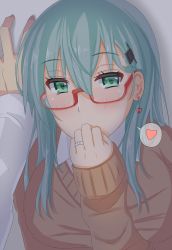 Rule 34 | 10s, 1boy, 1girl, admiral (kancolle), against wall, aqua hair, bespectacled, blush, covering own mouth, earrings, gachou, glasses, green eyes, hair ornament, hairclip, heart, heart earrings, jewelry, kantai collection, long hair, looking at viewer, out of frame, pov, pov hands, red-framed eyewear, ring, semi-rimless eyewear, sidelocks, solo focus, spoken heart, suzuya (kancolle), sweater, under-rim eyewear, upper body, wedding band