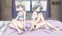 Rule 34 | 2girls, artist request, bed, blue eyes, blue shorts, blush, bra, breasts, cleavage, closed mouth, collarbone, copyright name, eila ilmatar juutilainen, full body, green eyes, grey hair, indoors, long hair, looking at viewer, looking back, medium breasts, midriff, multiple girls, navel, on bed, panties, sanya v. litvyak, shiny skin, short hair, shorts, side-tie panties, sitting, small breasts, smile, strike witches, underwear, underwear only, white bra, white hair, window, world witches series