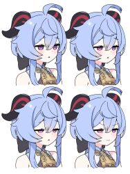 Rule 34 | 1girl, ahoge, bare shoulders, bell, black horns, blue hair, closed mouth, commentary request, curled horns, dot nose, expressions, ganyu (genshin impact), genshin impact, hair between eyes, half-closed eyes, highres, horns, looking ahead, multiple views, neck bell, open mouth, purple eyes, sidelocks, simple background, sleepy, solo, squinting, v-shaped eyebrows, white background, zenshin