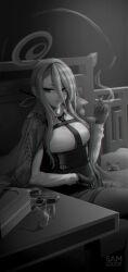 Rule 34 | 1girl, belt, blue archive, bodysuit, braided hair rings, cat, chest strap, cigarette, collared shirt, couch, gloves, greyscale, gun, halo, handgun, high-waist pants, highres, holding, holding cigarette, holster, jacket, leggings, mina (blue archive), monochrome, necktie, pants, pinstripe jacket, pinstripe pattern, shirt, sitting, smoking, striped, sunglasses, table, weapon