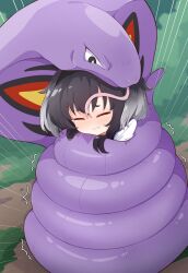 Rule 34 | 1girl, absurdres, arbok, black eyes, black hair, blush, closed eyes, constriction, creatures (company), crossover, emphasis lines, forked tongue, game freak, gen 1 pokemon, grass, grey hair, highres, kantai collection, multicolored hair, nintendo, outdoors, pokemon, pokemon (creature), saliva, short hair with long locks, sweat, tears, tokitsukaze (kancolle), tongue, x noki9