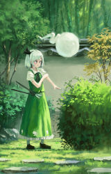Rule 34 | 1girl, adapted costume, architecture, ascot, bamboo, bamboo forest, black ascot, black eyes, black footwear, day, east asian architecture, fjsmu, forest, full body, grass, green skirt, green vest, hedge, hedge clippers, highres, konpaku youmu, konpaku youmu (ghost), long skirt, looking to the side, nature, outdoors, pantyhose, petticoat, puffy short sleeves, puffy sleeves, rolling sleeves up, shirt, short hair, short sleeves, silver hair, skirt, smile, solo, standing, stepping stones, swept bangs, touhou, tree, vest, white pantyhose, white shirt
