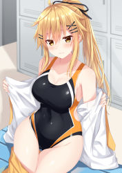 Rule 34 | 1girl, bare shoulders, bench, black one-piece swimsuit, black ribbon, blonde hair, blush, breasts, brown eyes, cleavage, closed mouth, clothes pull, commentary request, competition swimsuit, covered navel, groin, hair between eyes, hair ornament, hair ribbon, hairclip, highres, indoors, komori kuzuyu, locker, locker room, long hair, long sleeves, medium breasts, nao (kuzuya), nao (kuzuyu), off shoulder, on bench, one-piece swimsuit, open clothes, open shirt, original, pleated skirt, ponytail, ribbon, shirt, sitting, skirt, skirt pull, solo, sweat, swimsuit, thigh gap, very long hair, white shirt, x hair ornament, yellow skirt