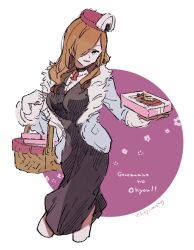 Rule 34 | 1girl, ace attorney, angel starr, basket, bento, breasts, brown hair, choker, cleavage, closed mouth, dress, earrings, food, hair over one eye, hat, hazime, holding, holding basket, holding bento, hoop earrings, jewelry, large breasts, long hair, long sleeves, looking at viewer, onigiri, phoenix wright: ace attorney, picnic basket, smile, solo, standing, twitter username
