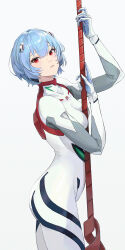 Rule 34 | 1girl, absurdres, ayanami rei, between breasts, birthday, blue hair, bodysuit, breasts, commentary, cowboy shot, eyelashes, hair between eyes, highres, holding, holding weapon, interface headset, lance of longinus (evangelion), looking at viewer, medium breasts, neon genesis evangelion, parted lips, pilot suit, plugsuit, rebuild of evangelion, red eyes, simple background, solo, standing, takamiya2222, two-handed, weapon, white background, white bodysuit