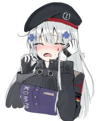 Rule 34 | 1girl, ankkoyom, beret, black hat, blush, closed eyes, commentary request, cross, crying, facial mark, girls&#039; frontline, gloves, hair ornament, hat, hk416 (girls&#039; frontline), iron cross, jacket, korean commentary, long hair, open mouth, silver hair, solo, tears, upper body, white background