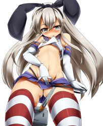 Rule 34 | 10s, 1girl, animal ears, bare shoulders, between legs, black panties, blush, breasts, clothes in mouth, clothes pull, elbow gloves, fake animal ears, from below, gloves, grey eyes, hair ribbon, headband, highres, kantai collection, long hair, looking at viewer, magukappu, mecha, midriff, miniskirt, mouth hold, navel, panties, panty pull, personification, rabbit ears, rensouhou-chan, ribbon, robot, school uniform, serafuku, shimakaze (kancolle), shirt in mouth, silver hair, simple background, skirt, skirt pull, small breasts, smile, solo, standing, strap pull, striped clothes, striped thighhighs, thighhighs, underboob, underwear, very long hair, white background, white gloves