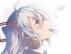 Rule 34 | 1girl, blue eyes, blush, commentary request, earrings, flower, glint, hair between eyes, hair ornament, hatsune miku, highres, jewelry, long hair, looking away, looking up, open mouth, petals, portrait, silver hair, simple background, solo, taka (0taka), teeth, twintails, upper teeth only, vocaloid, white background, white flower, wing collar
