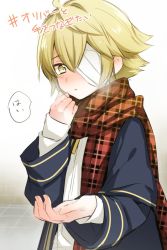 Rule 34 | 1boy, bandages, bandage over one eye, blonde hair, blush, breath, coat, cold, half-closed eyes, hand on own chin, male focus, mizuhoshi taichi, oliver (vocaloid), outstretched hand, parted lips, plaid, plaid scarf, reaching, sailor collar, scarf, scarf grab, solo, vocaloid, yellow eyes