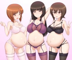 Rule 34 | 3girls, akai (riaakai), areola slip, arms behind head, blunt bangs, bra, breast hold, breasts, brown eyes, brown hair, cameltoe, cleavage, collarbone, covered erect nipples, dark areolae, female focus, floral print, frilled bra, frilled panties, frills, garter belt, garter straps, girls und panzer, gluteal fold, hair between eyes, hand on own hip, lace, large breasts, lingerie, long hair, looking at viewer, mature female, medium breasts, mother and daughter, multiple girls, navel, nishizumi maho, nishizumi miho, nishizumi shiho, open mouth, outie navel, panties, pregnant, red hair, see-through, short hair, siblings, sisters, smile, straight hair, thighhighs, thighs, underwear, underwear only, v