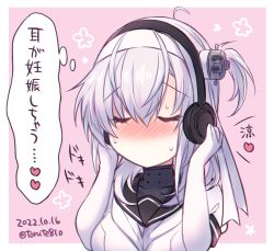 Rule 34 | 1girl, black sailor collar, blush, bodysuit, breasts, closed eyes, commentary request, dated, grey hair, hachimaki, hair between eyes, headband, headphones, heart, kabocha torute, kantai collection, large breasts, long hair, neckerchief, nose blush, one side up, sailor collar, school uniform, serafuku, simple background, solo, suzutsuki (kancolle), sweat, translation request, twitter username, upper body, white bodysuit, white headband, white neckerchief