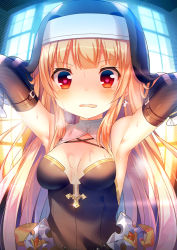 Rule 34 | 1girl, armpits, arms behind head, arms up, backlighting, bare shoulders, beads, black gloves, blonde hair, blush, breasts, breasts apart, breath, craytm, cross, earrings, elbow gloves, fang, glint, gloves, habit, heart, heart-shaped pupils, highres, jewelry, long hair, looking at viewer, medium breasts, open mouth, original, red eyes, sidelocks, single earring, solo, sweat, symbol-shaped pupils, upper body, veil, wavy mouth, window